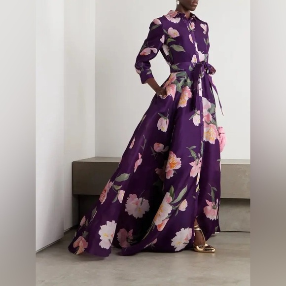 CAROLINA HERRERA Trench Gown in Fig Multi Purple Floral Belted Dress Size 8 NWT - Picture 1 of 13